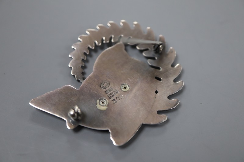 A post 1945 Georg Jensen 925 Robin on a fern frond brooch (adapted?), design no. 309, 49mm, 12 grams.